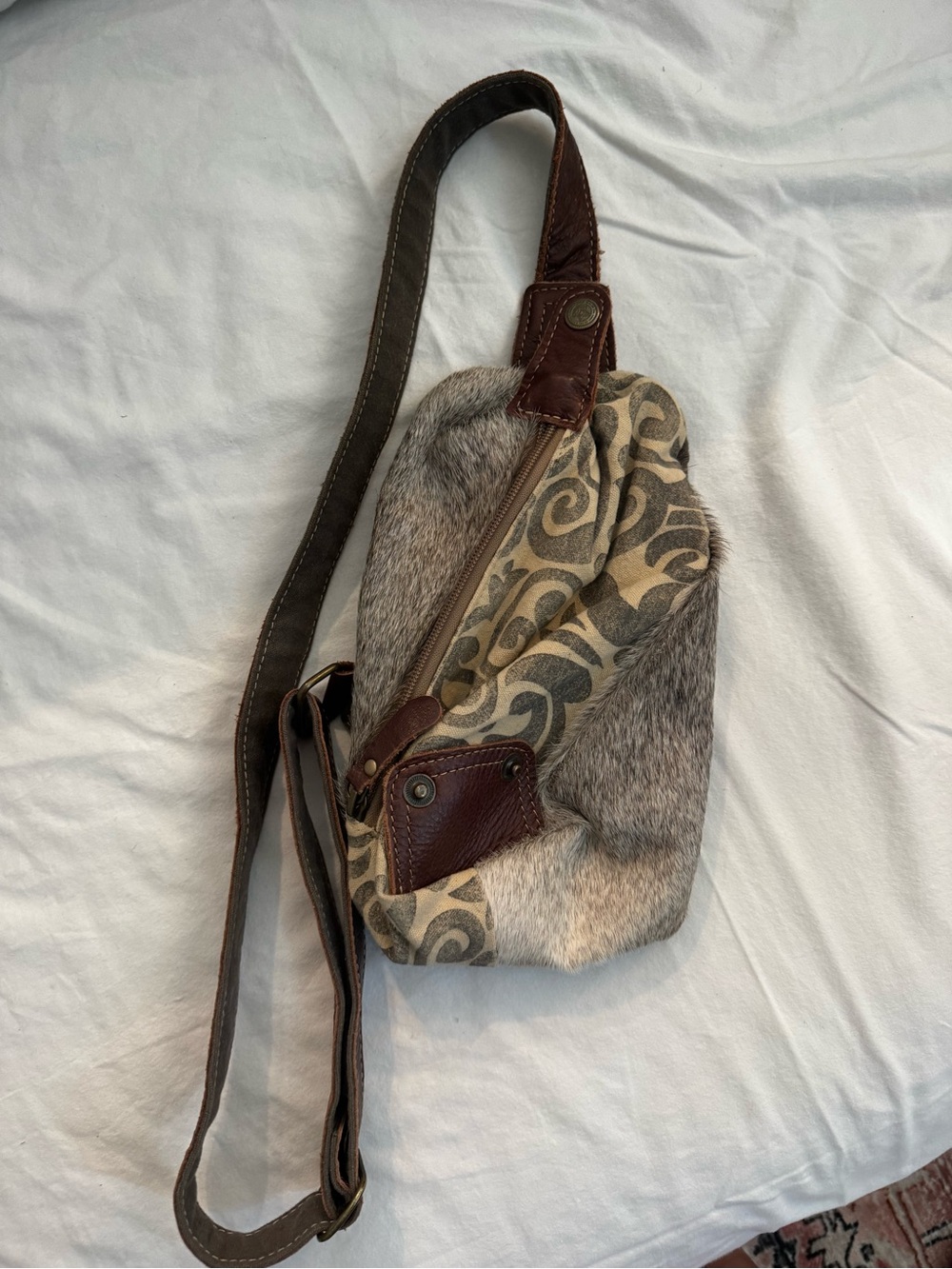 Myra Bag Hair on Hide Leather Canvas Sling Backpack Crossbody Bag